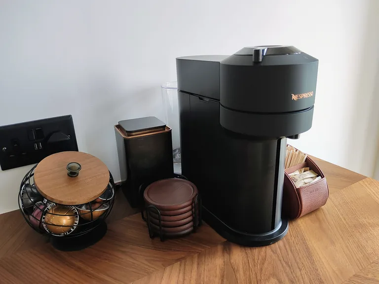 Belle Etage suite Nespresso coffee station with capsules and accessories at Lavish Collections Great Yarmouth