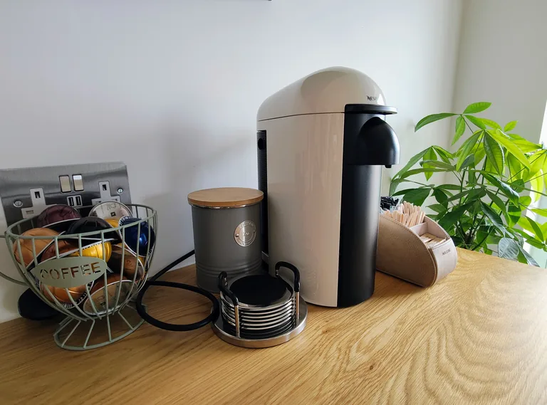 Seraphine suite Nespresso Vertuo coffee station with capsules and accessories at Lavish Collections Great Yarmouth